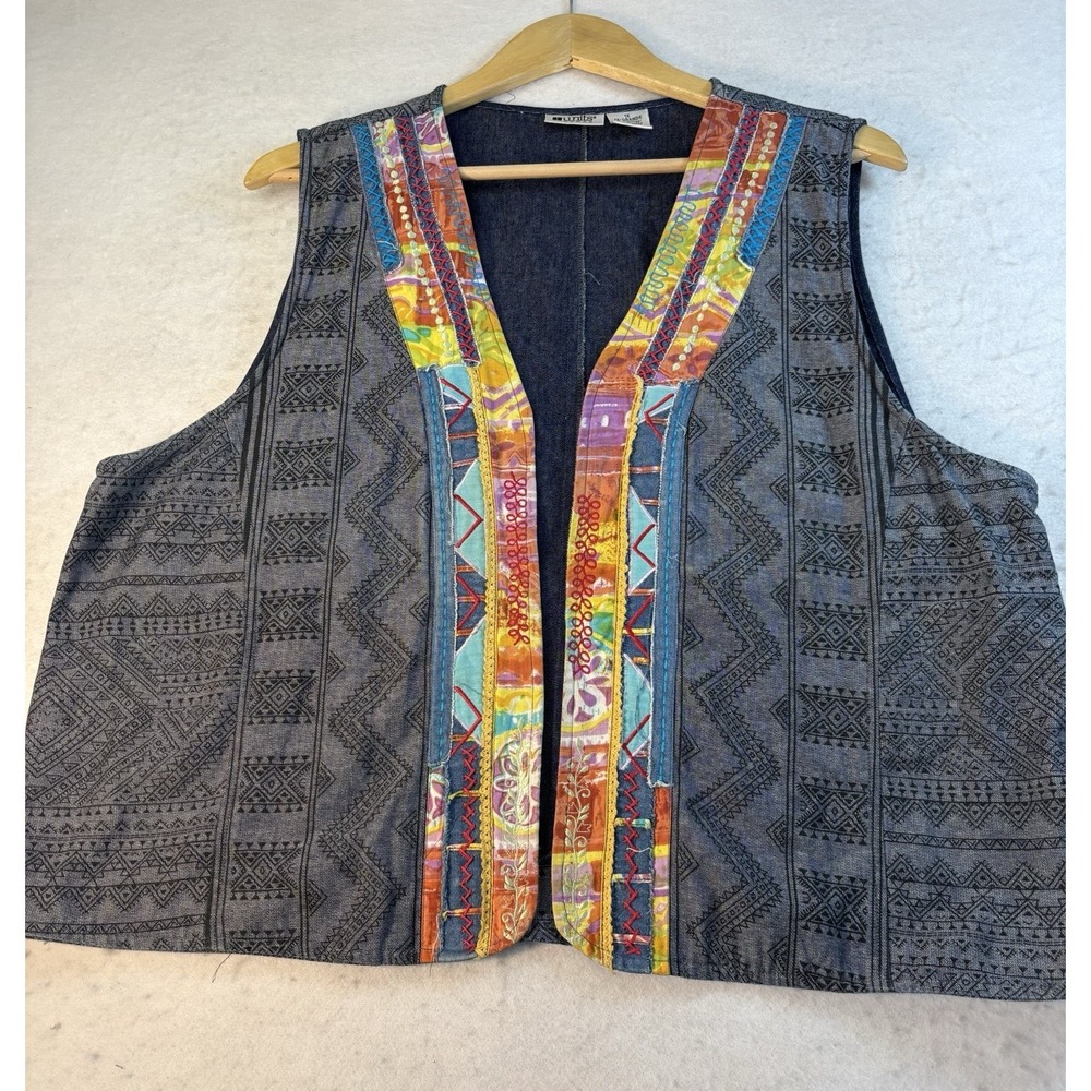 Units Woman Cotton Aztec Vest Size 1X Boho Patchwork Trim Denim Hieroglyphics